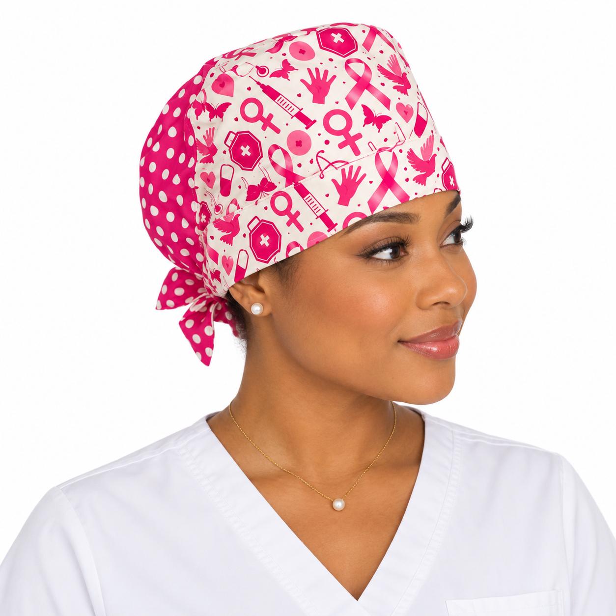 Calot médical bloc opératoire en coton – Motif Ruban Rose Cancer du sein | Le Monde du Calot