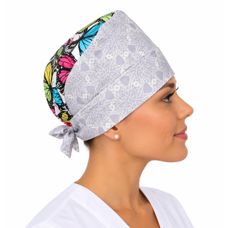 Calot médical bloc opératoire en coton – Motif Papillons – Taille adulte unisexe